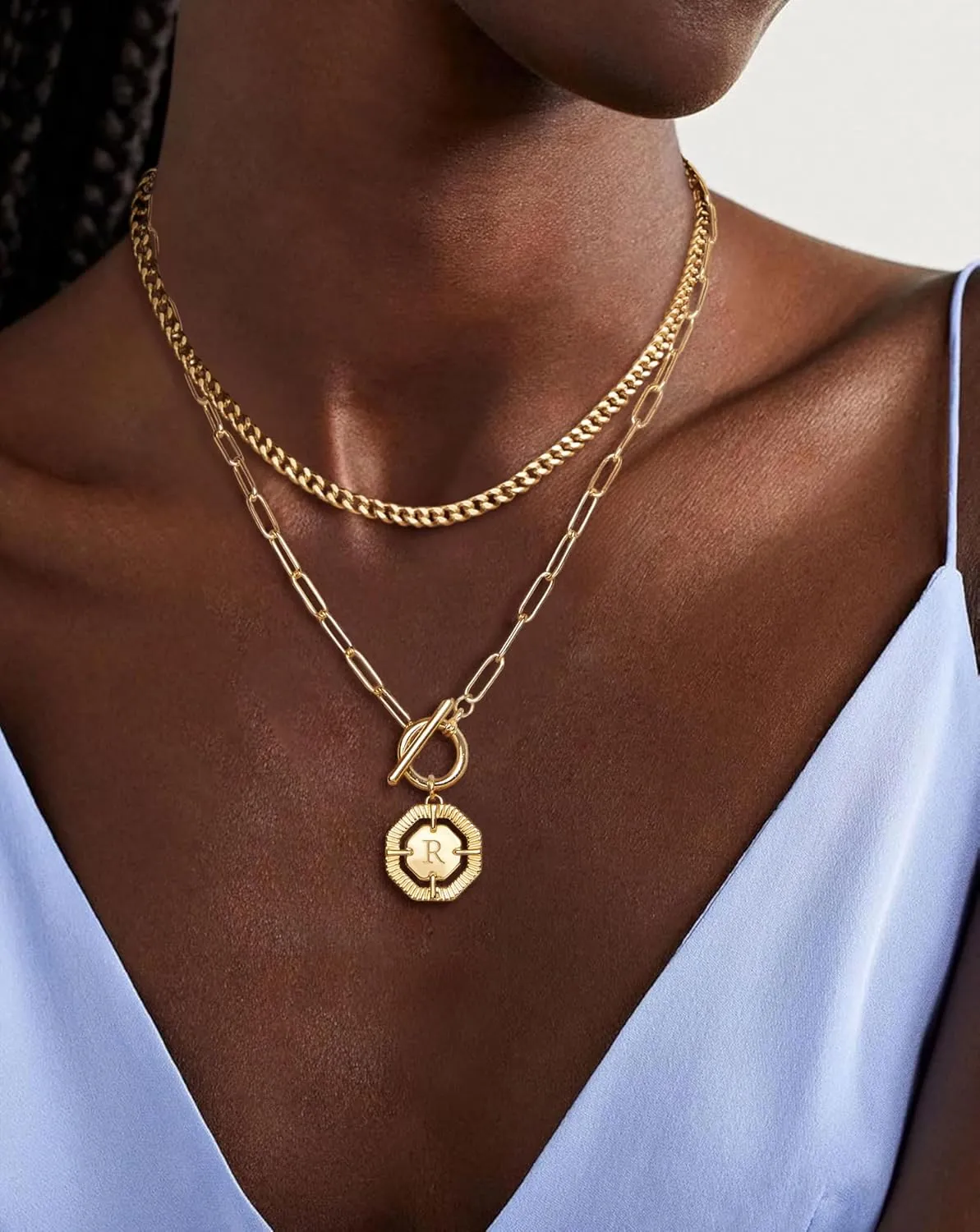 Layered Initial Necklaces for Women 14K Gold Plated Stackable Chunky Cuban Chain Choker Necklace Coin Letter Pendant Necklace Personalized Name Necklaces for Women Trendy Gold Jewelry Gift for Her