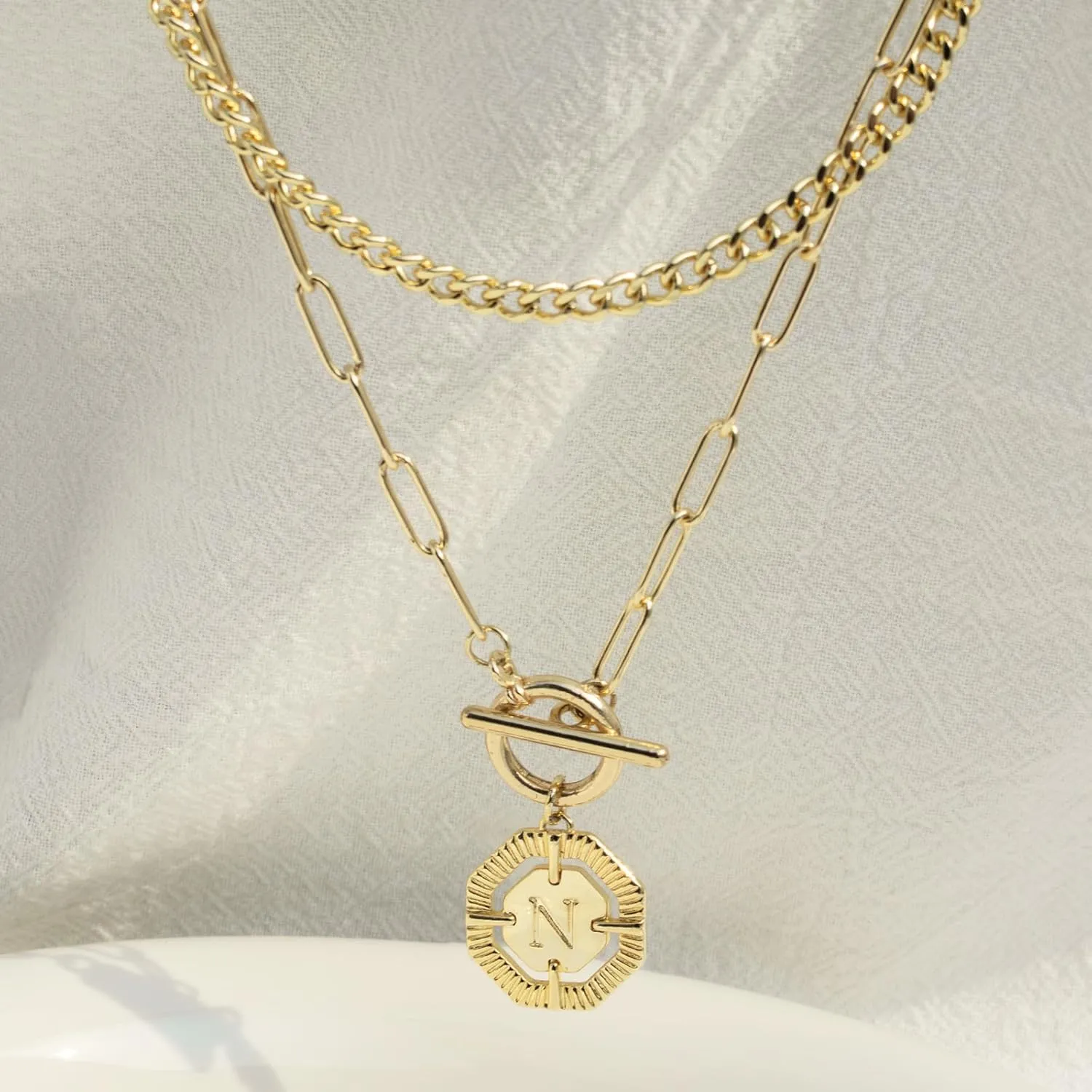 Layered Initial Necklaces for Women 14K Gold Plated Stackable Chunky Cuban Chain Choker Necklace Coin Letter Pendant Necklace Personalized Name Necklaces for Women Trendy Gold Jewelry Gift for Her