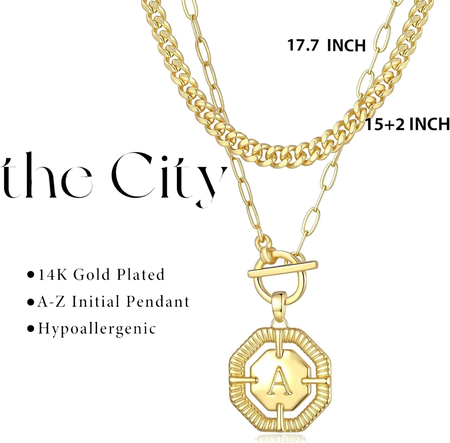 Layered Initial Necklaces for Women 14K Gold Plated Stackable Chunky Cuban Chain Choker Necklace Coin Letter Pendant Necklace Personalized Name Necklaces for Women Trendy Gold Jewelry Gift for Her