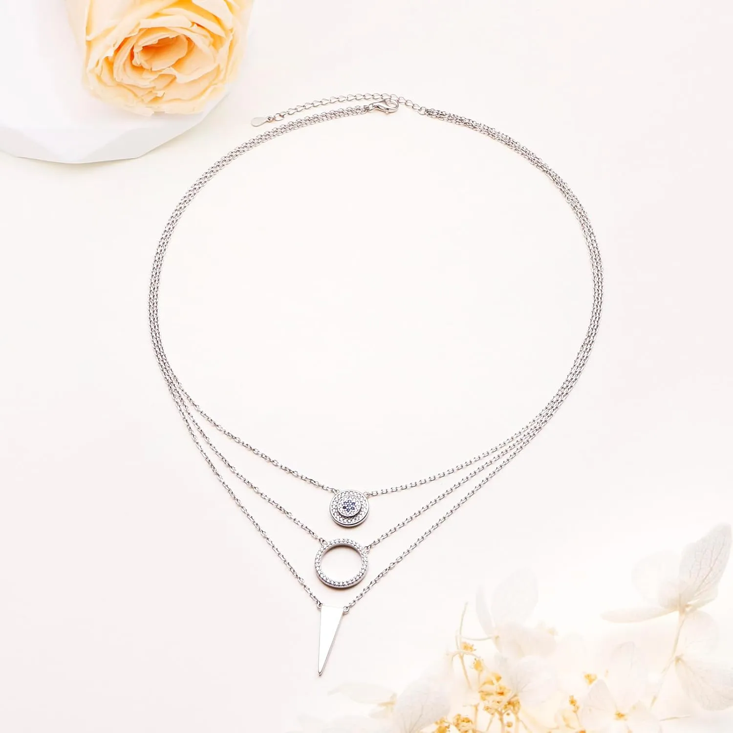 Layered Necklaces for Women S925 Sterling Silver Chokers Necklace for Women Circle/Heart/Double Circle/Cross/Star/Evil Eye Necklace Handmade Bead Necklace Adjustable