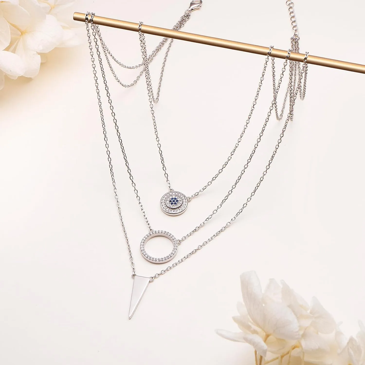 Layered Necklaces for Women S925 Sterling Silver Chokers Necklace for Women Circle/Heart/Double Circle/Cross/Star/Evil Eye Necklace Handmade Bead Necklace Adjustable