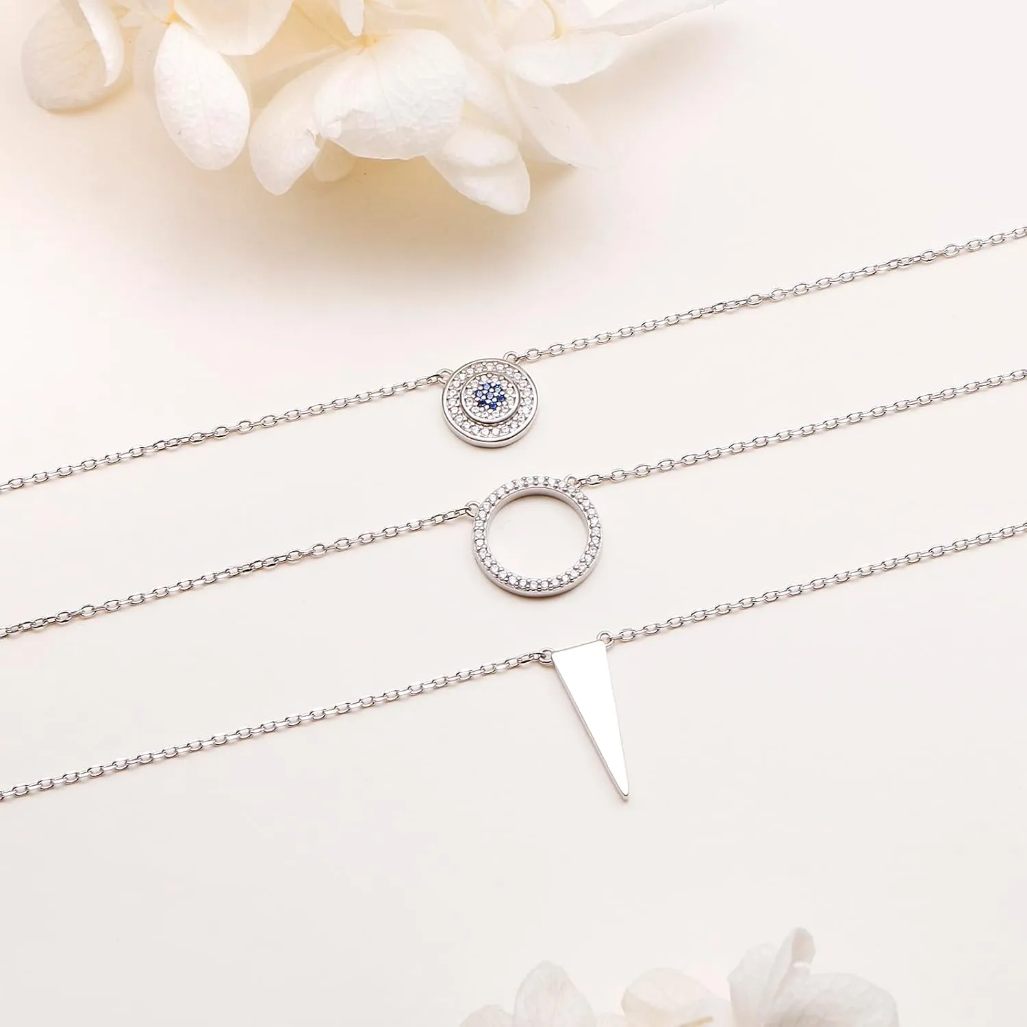 Layered Necklaces for Women S925 Sterling Silver Chokers Necklace for Women Circle/Heart/Double Circle/Cross/Star/Evil Eye Necklace Handmade Bead Necklace Adjustable