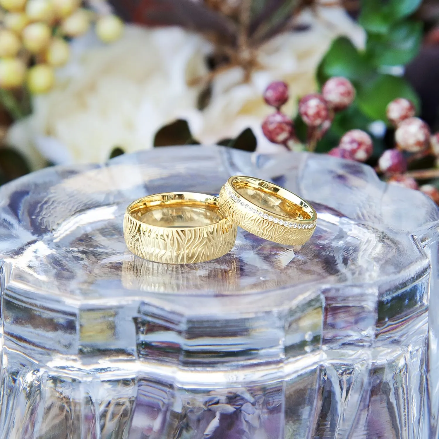 LerchPhi Gold Promise Rings for Couples, Fingerprint Pattern Titanium Promise Rings Set or Him and Her, Custom Engraving Mens Wedding Band and Engagement Rings for Women