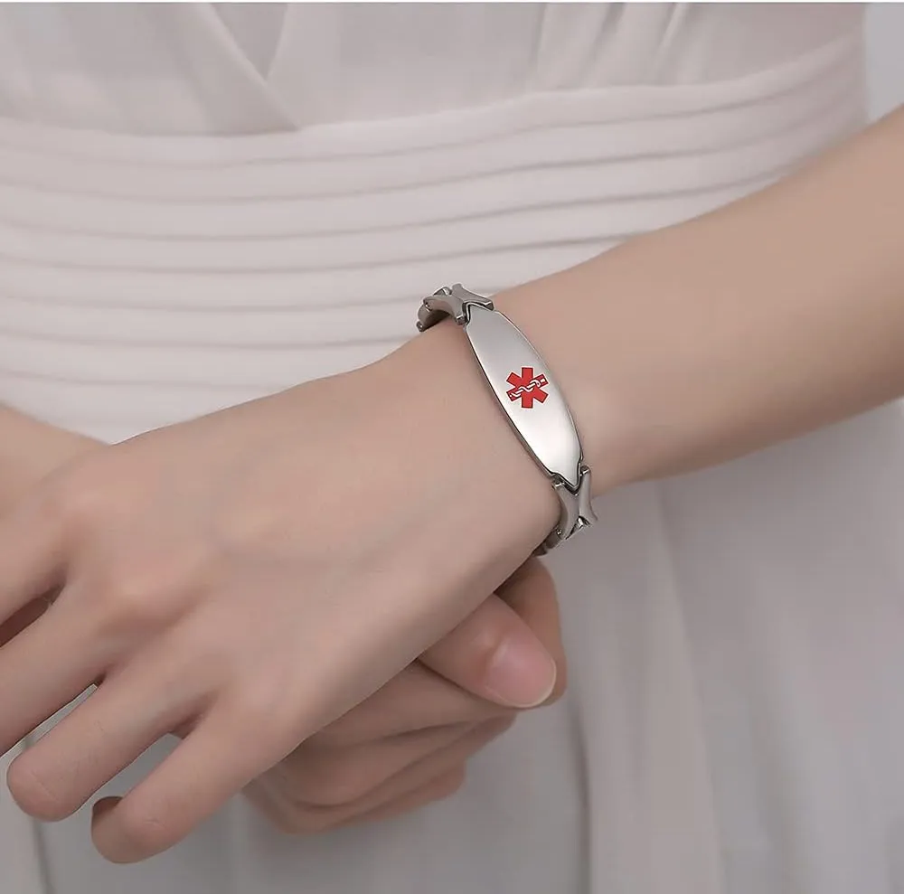 LinnaLove 7 1/2 inch Medical Alert Bracelets for women Stainless Steel Fashion Medical Bracelets Personalized Engraving