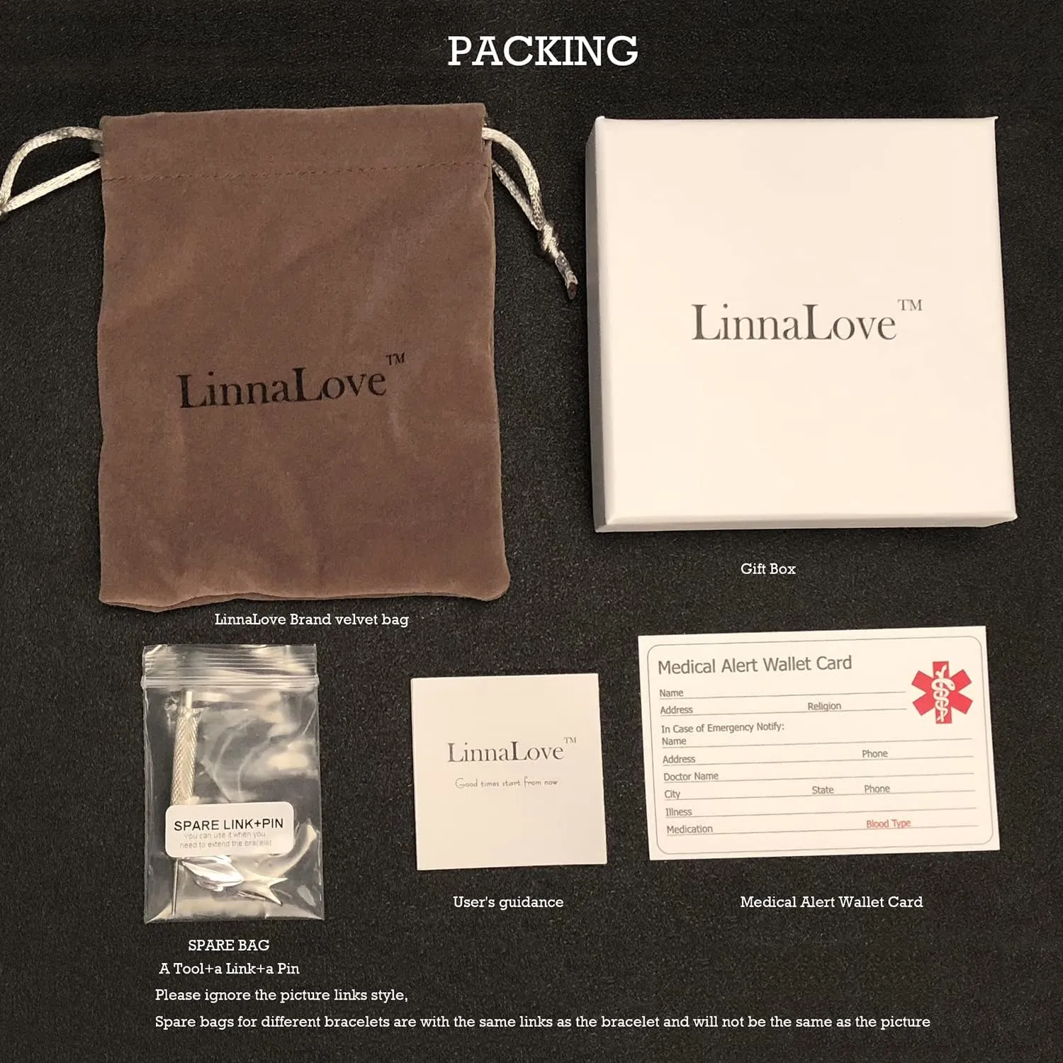 LinnaLove 7 1/2 inch Medical Alert Bracelets for women Stainless Steel Fashion Medical Bracelets Personalized Engraving