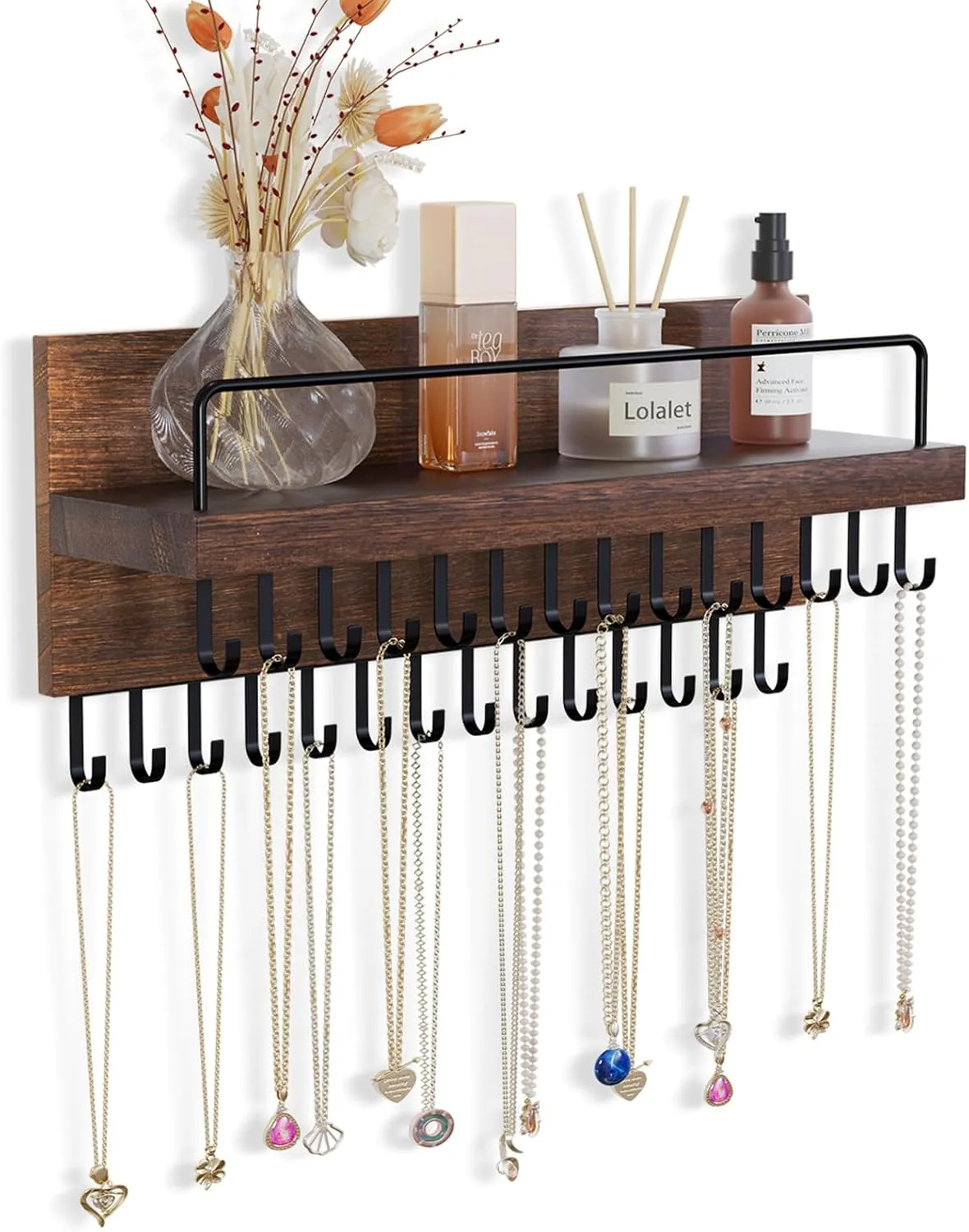 Lolalet Necklace Holder Hanging Necklace Organizer Wall Mounted Jewelry Organizer with 28 Hooks and Perfume Shelf, Wood Necklace Hanger Rack for Bracelets -Brown