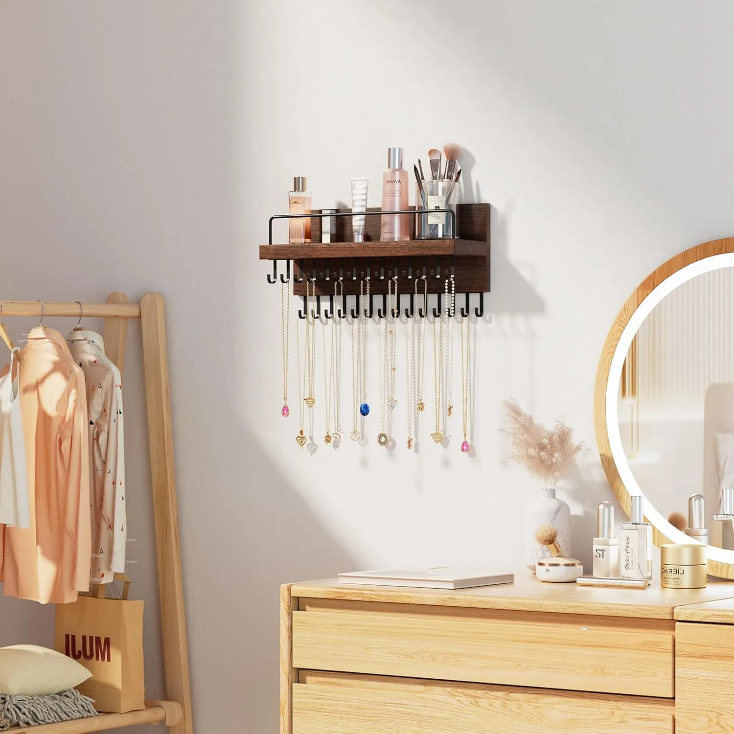 Lolalet Necklace Holder Hanging Necklace Organizer Wall Mounted Jewelry Organizer with 28 Hooks and Perfume Shelf, Wood Necklace Hanger Rack for Bracelets -Brown