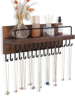 Lolalet Necklace Holder Hanging Necklace Organizer Wall Mounted Jewelry Organizer with 28 Hooks and Perfume Shelf, Wood Necklace Hanger Rack for Bracelets -Brown
