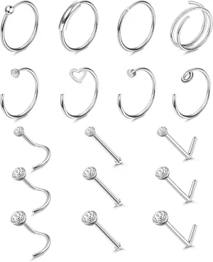 LOLIAS 17pcs G23 Titanium Nose Ring Studs & Hoops - 1.5mm, 2mm, 2.5mm CZ Heart & L-Shaped Hypoallergenic Titanium Nose Piercing Jewelry for Sensitive Skin
