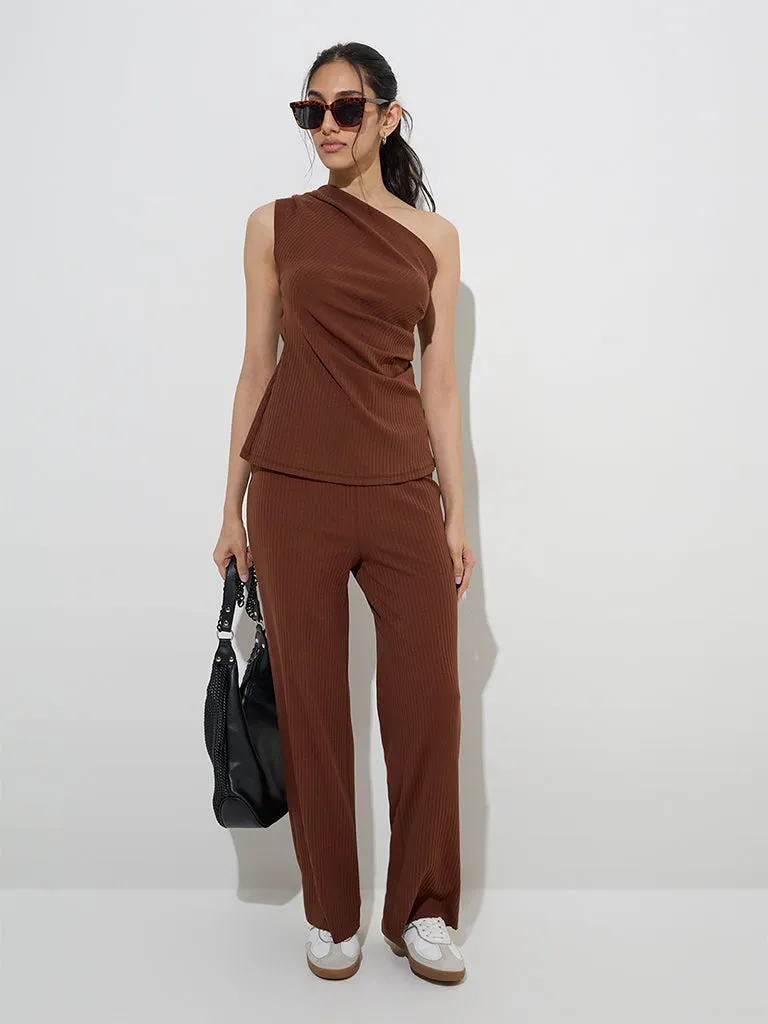 LOV Brown Ribbed One-Shoulder Cotton-Blend Top