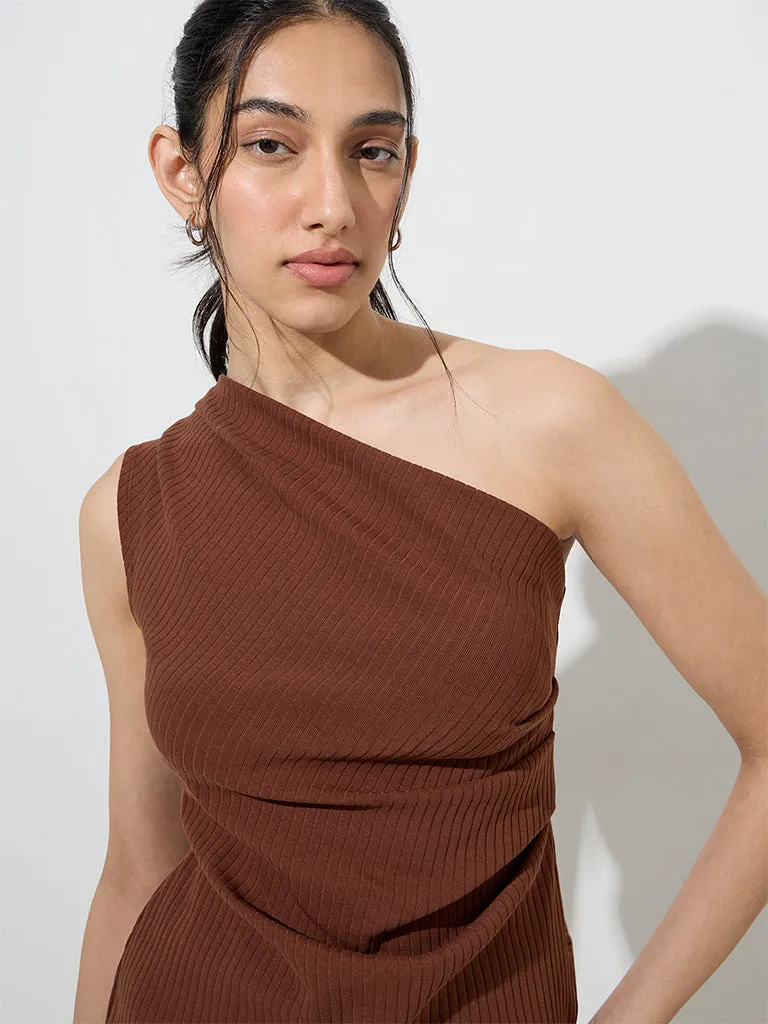 LOV Brown Ribbed One-Shoulder Cotton-Blend Top