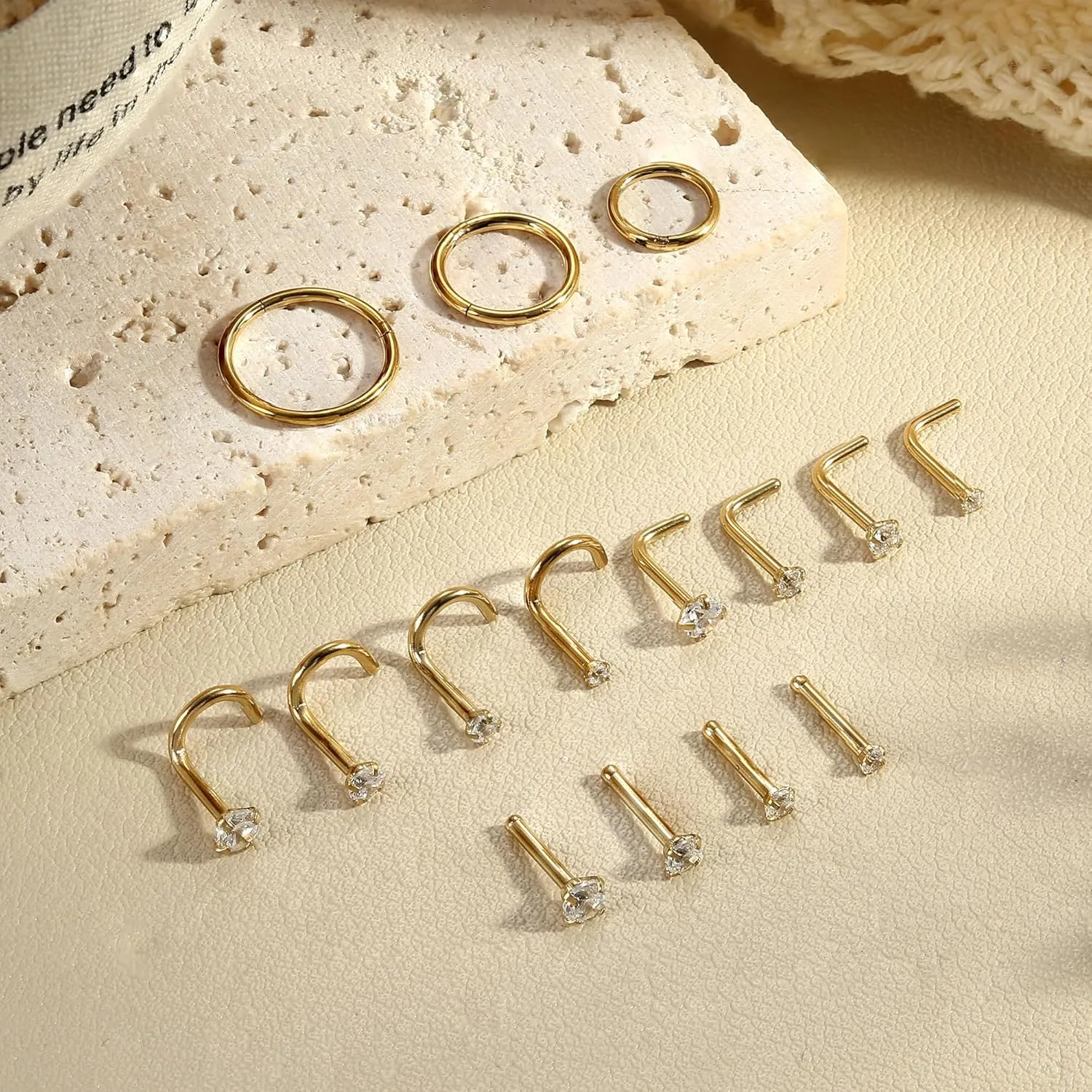 LOYALLOOK 15Pcs 20G 18G Nose Rings Studs 316L Surgical Steel Gold Nose Rings for Women Men Hypoallergenic Hinged Seamless Clicker Segment Nose Rings Hoops 6mm 8mm 10mm Helix Cartilage Tragus Conch Hoop Earrings 1.5mm-3mm Clear CZ
