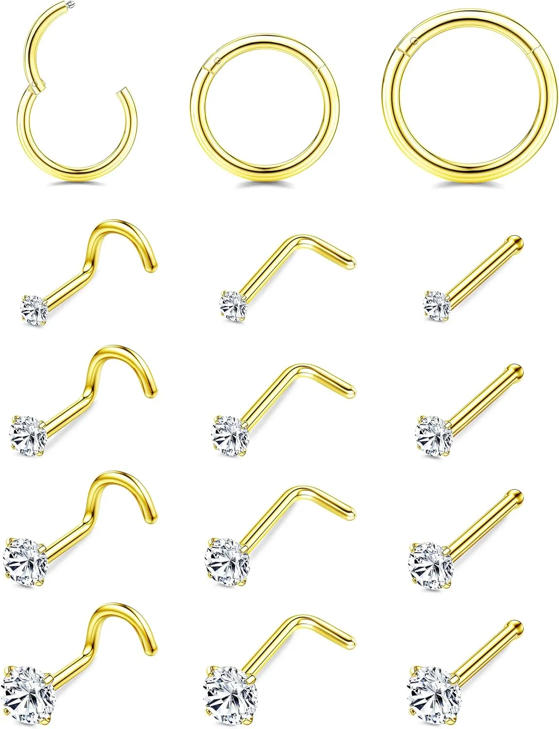 LOYALLOOK 15Pcs 20G 18G Nose Rings Studs 316L Surgical Steel Gold Nose Rings for Women Men Hypoallergenic Hinged Seamless Clicker Segment Nose Rings Hoops 6mm 8mm 10mm Helix Cartilage Tragus Conch Hoop Earrings 1.5mm-3mm Clear CZ