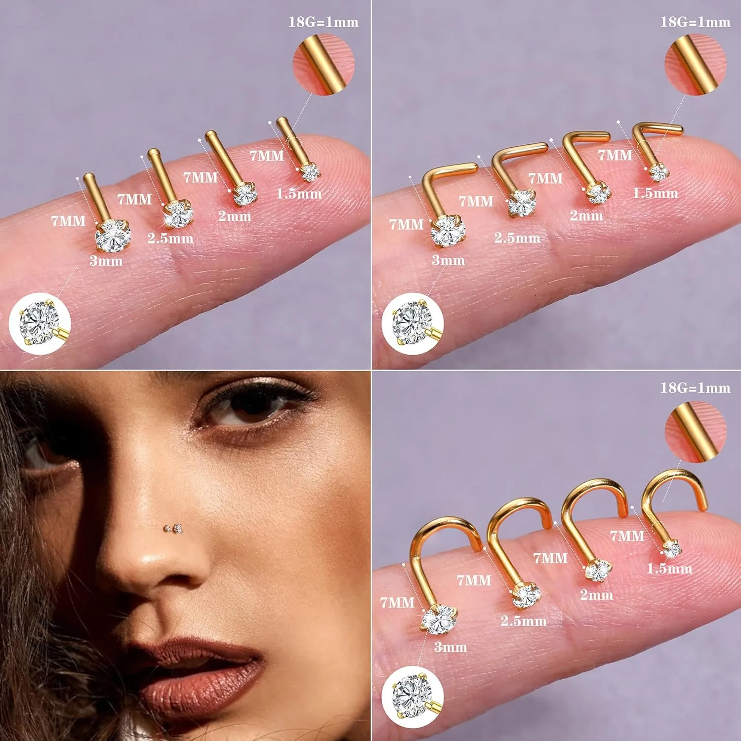 LOYALLOOK 15Pcs 20G 18G Nose Rings Studs 316L Surgical Steel Gold Nose Rings for Women Men Hypoallergenic Hinged Seamless Clicker Segment Nose Rings Hoops 6mm 8mm 10mm Helix Cartilage Tragus Conch Hoop Earrings 1.5mm-3mm Clear CZ