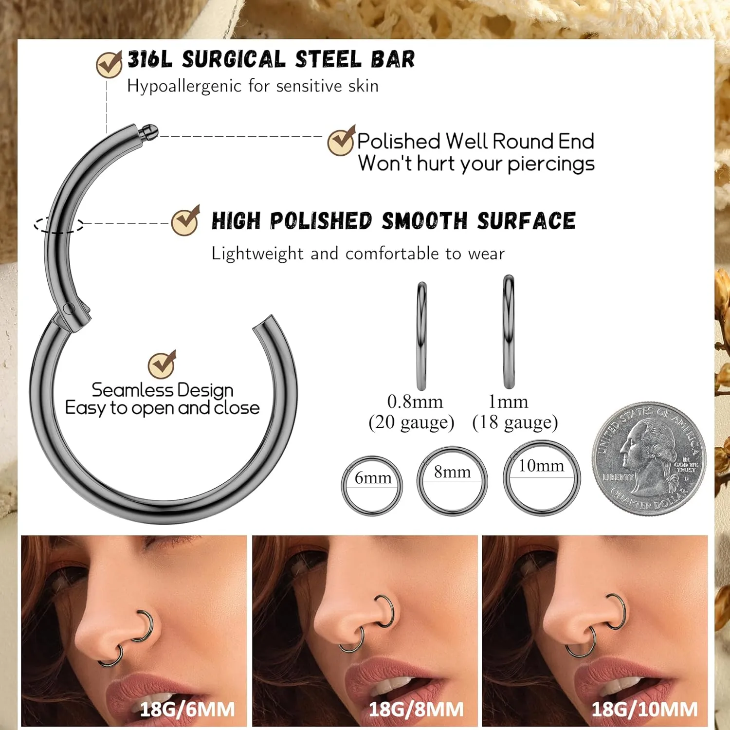 LOYALLOOK 15Pcs 20G 18G Nose Rings Studs 316L Surgical Steel Gold Nose Rings for Women Men Hypoallergenic Hinged Seamless Clicker Segment Nose Rings Hoops 6mm 8mm 10mm Helix Cartilage Tragus Conch Hoop Earrings 1.5mm-3mm Clear CZ