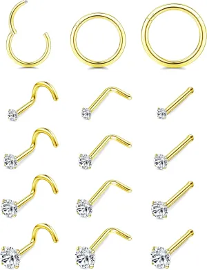 LOYALLOOK 15Pcs 20G 18G Nose Rings Studs 316L Surgical Steel Gold Nose Rings for Women Men Hypoallergenic Hinged Seamless Clicker Segment Nose Rings Hoops 6mm 8mm 10mm Helix Cartilage Tragus Conch Hoop Earrings 1.5mm-3mm Clear CZ