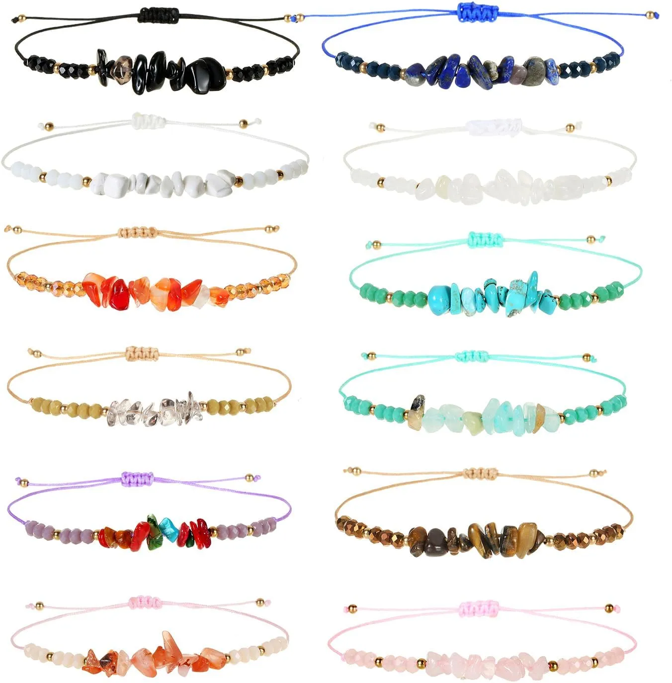 LUBINGSHINE 12 Pieces Natural Chip Stone Bracelets, Adjustable Friendship Bracelets Jewelry Gifts for Women Men, Crystal Chip Stones Adjustable Bracelet