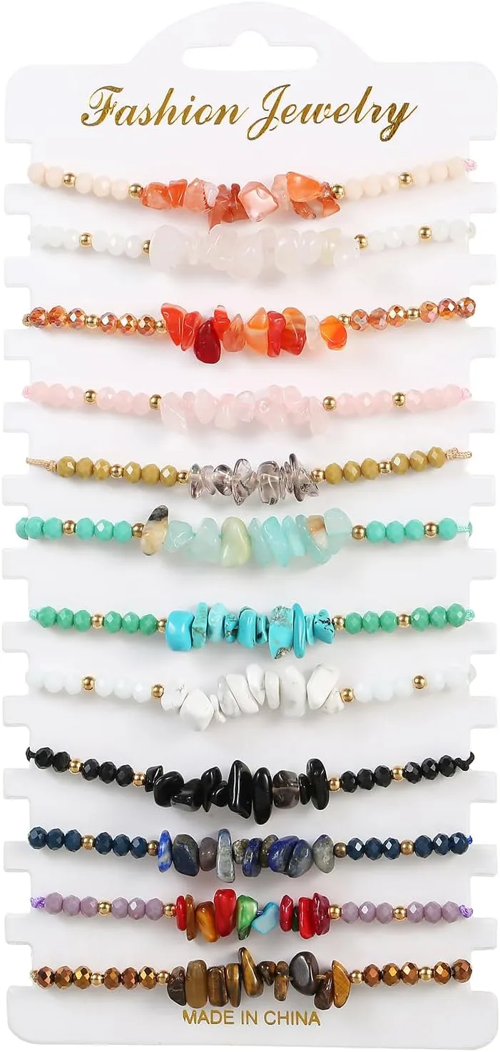 LUBINGSHINE 12 Pieces Natural Chip Stone Bracelets, Adjustable Friendship Bracelets Jewelry Gifts for Women Men, Crystal Chip Stones Adjustable Bracelet