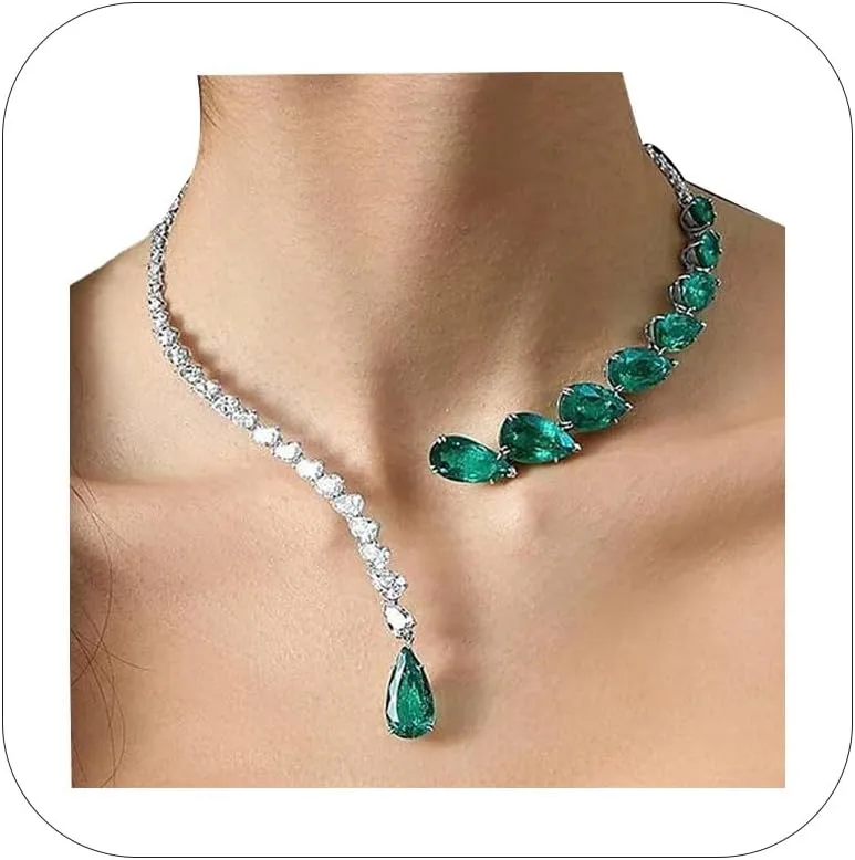 Luxury Emerald Necklaces Silver for Women Costume Jewelry Rhinestone Open Chokers Collar Necklace Wedding Accessories