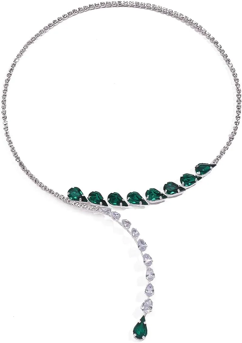 Luxury Emerald Necklaces Silver for Women Costume Jewelry Rhinestone Open Chokers Collar Necklace Wedding Accessories