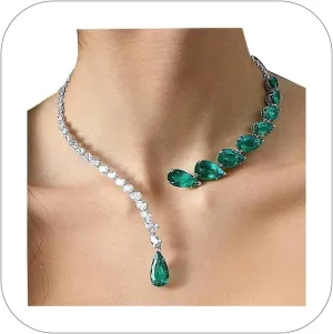 Luxury Emerald Necklaces Silver for Women Costume Jewelry Rhinestone Open Chokers Collar Necklace Wedding Accessories