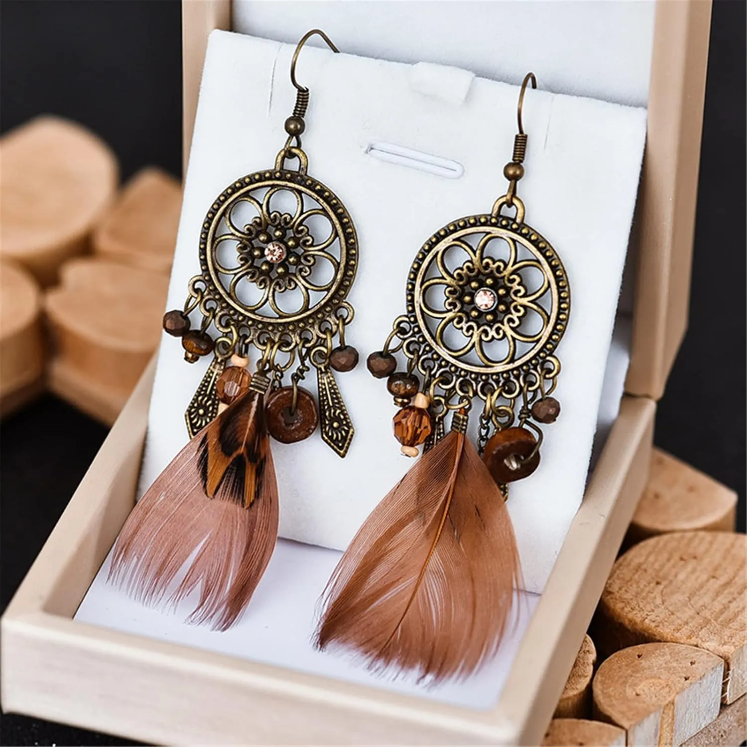 MALOYANVE Punk Vintage Brown Long Tassel Feather Beads Drop Wolf Tooth Pendant Earring Bohemian Fish Hook Dream Catcher Design Earrings Gift for women