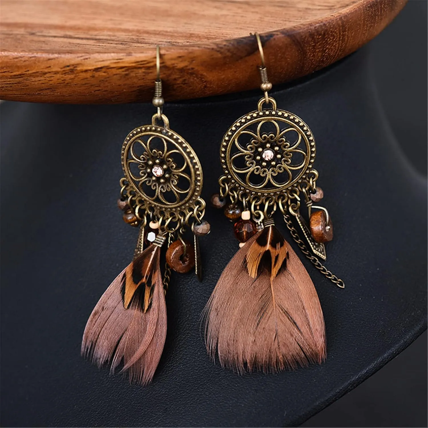 MALOYANVE Punk Vintage Brown Long Tassel Feather Beads Drop Wolf Tooth Pendant Earring Bohemian Fish Hook Dream Catcher Design Earrings Gift for women