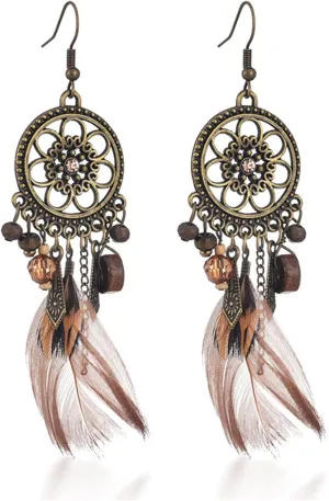 MALOYANVE Punk Vintage Brown Long Tassel Feather Beads Drop Wolf Tooth Pendant Earring Bohemian Fish Hook Dream Catcher Design Earrings Gift for women