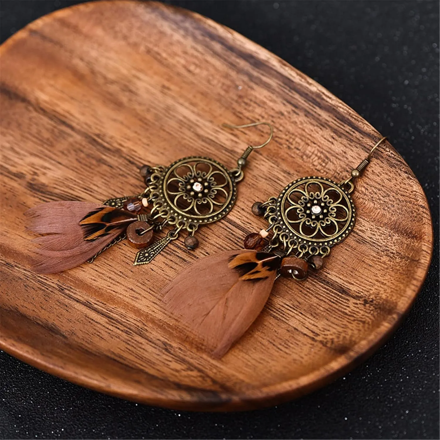 MALOYANVE Punk Vintage Brown Long Tassel Feather Beads Drop Wolf Tooth Pendant Earring Bohemian Fish Hook Dream Catcher Design Earrings Gift for women
