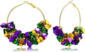 Mardi Gras Earrings Sequin Fleur De Lis Earrings for Women Purple Green Gold Glitter Sequins Hoop Earrings Carnival Earrings for Fat Tuesday Celebration Mardi Gras Parade Accessories