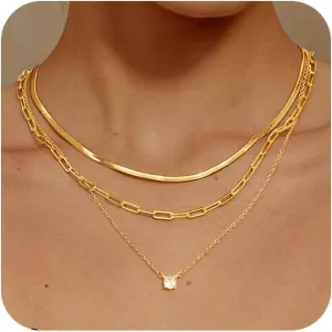 MBW Gold Layered Set Necklaces for Women, Dainty 14K Gold Plated Layered CZ Pendant Necklaces Simple Gold Herringbone Snake Choker Cuban Link Paperclip Chain Necklace Jewelry Sets for Women Girls