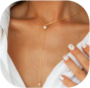 MBW Lariat Necklace for Women Trendy, 14k Gold Plated Dainty Silver Chain Y Necklaces Long Simple Pearl Cubic Zirconia Lip Layered Beaded Teardrop Diamond CZ Pendant Necklace for Women Fashion Jewelry