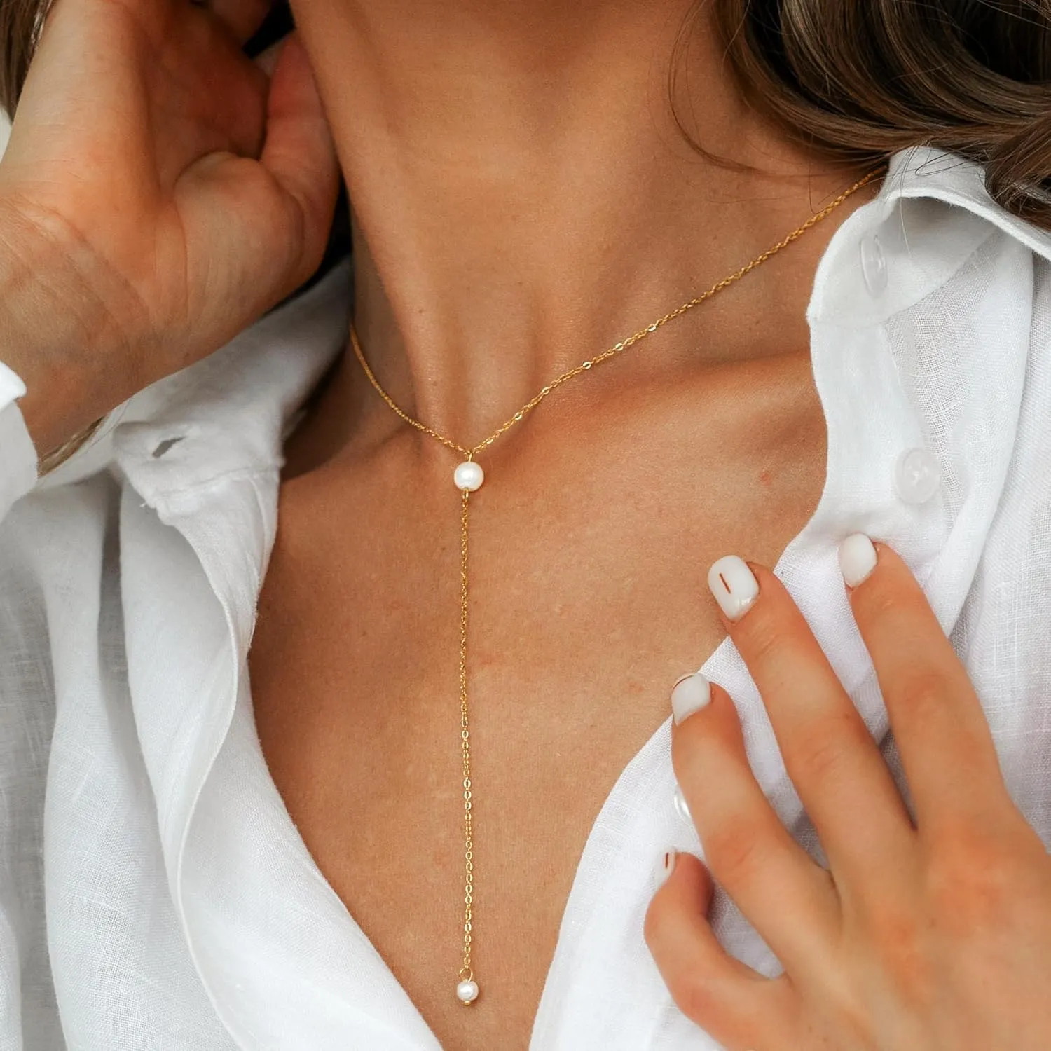 MBW Lariat Necklace for Women Trendy, 14k Gold Plated Dainty Silver Chain Y Necklaces Long Simple Pearl Cubic Zirconia Lip Layered Beaded Teardrop Diamond CZ Pendant Necklace for Women Fashion Jewelry