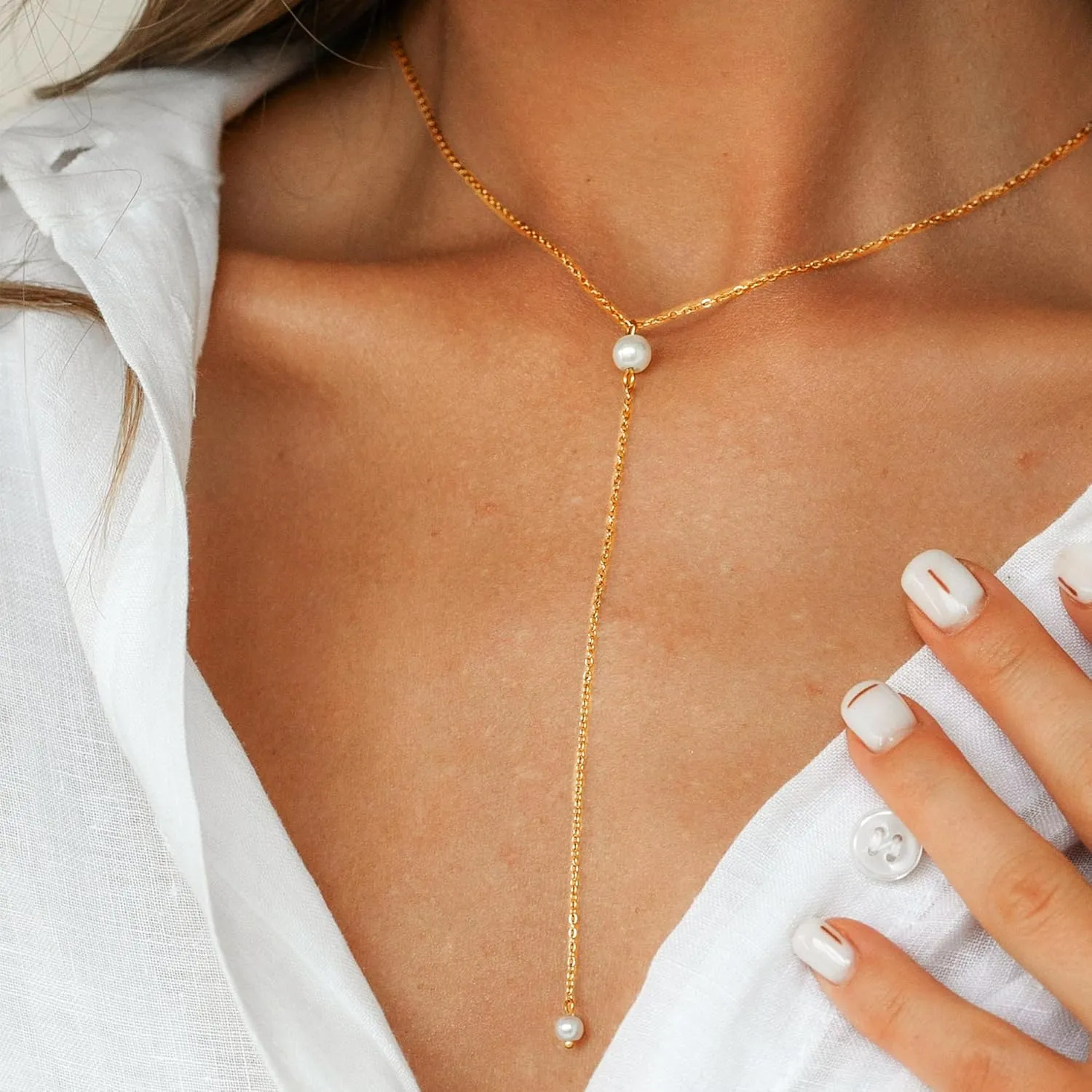 MBW Lariat Necklace for Women Trendy, 14k Gold Plated Dainty Silver Chain Y Necklaces Long Simple Pearl Cubic Zirconia Lip Layered Beaded Teardrop Diamond CZ Pendant Necklace for Women Fashion Jewelry
