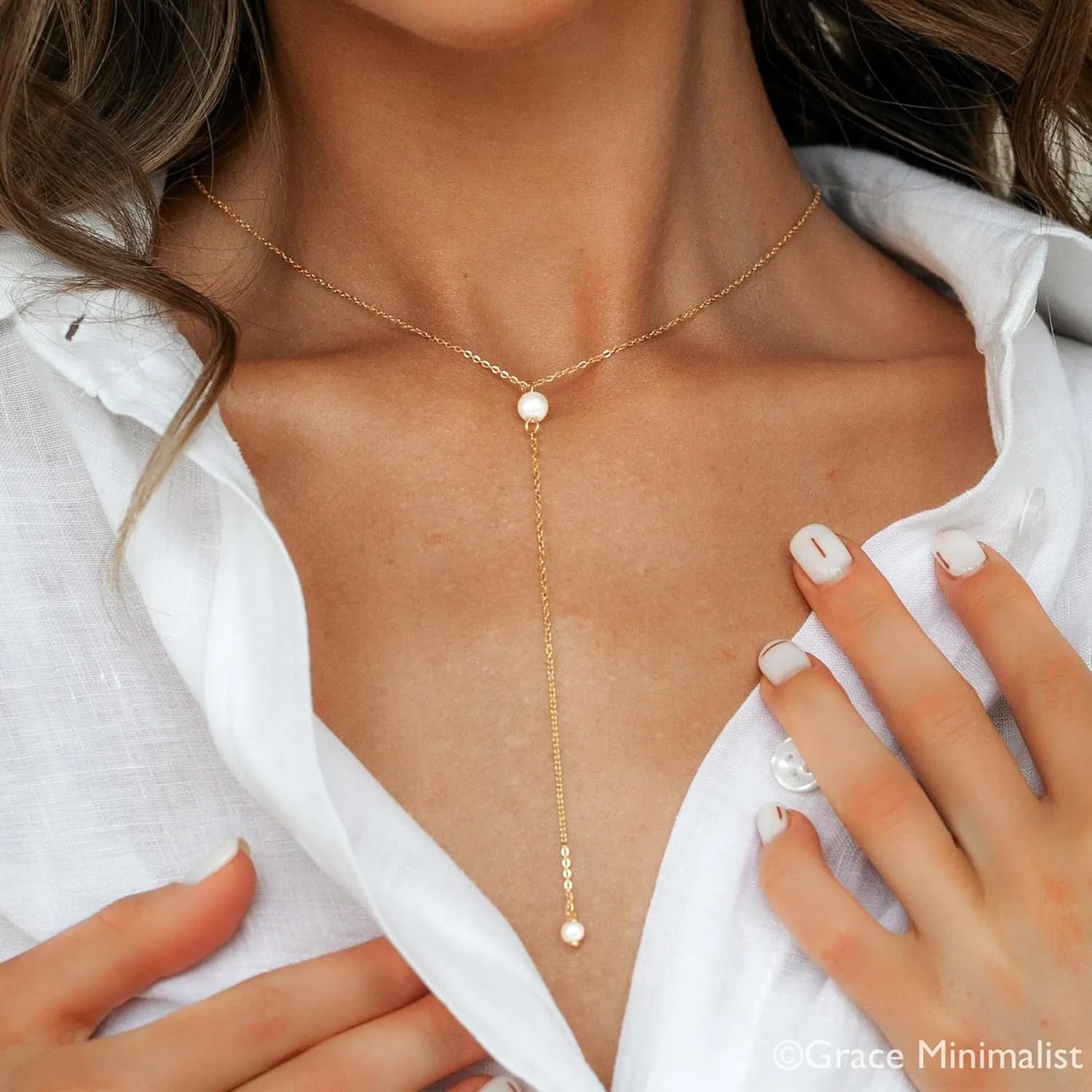 MBW Lariat Necklace for Women Trendy, 14k Gold Plated Dainty Silver Chain Y Necklaces Long Simple Pearl Cubic Zirconia Lip Layered Beaded Teardrop Diamond CZ Pendant Necklace for Women Fashion Jewelry