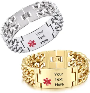 Medical Alert Bracelets for Men | Personalized Stainless Steel Medical Bracelets in Gold or Silver | Double Band Id Bracelet