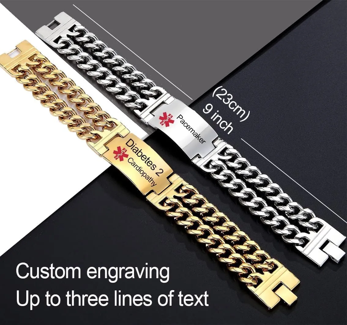 Medical Alert Bracelets for Men | Personalized Stainless Steel Medical Bracelets in Gold or Silver | Double Band Id Bracelet