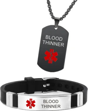 Medical Alert Necklaces and Bracelets Set for Men Women Medic ID Identification Stainless Steel Pendant Necklace & Silicone Cuff Bracelet Allergy Awareness Jewelry for Adult,Customizable,2 Pack