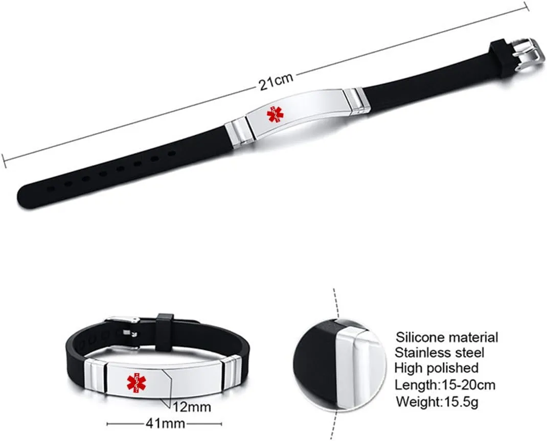 Medical Alert Necklaces and Bracelets Set for Men Women Medic ID Identification Stainless Steel Pendant Necklace & Silicone Cuff Bracelet Allergy Awareness Jewelry for Adult,Customizable,2 Pack