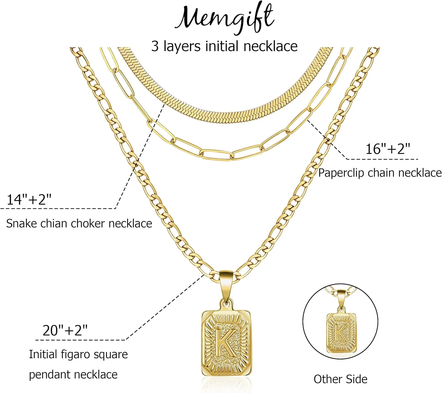 Memgift Gold Layered Necklace Set 3 PCS for Women Girls Dainty Trendy Paperclip Snake Choker Gold Filled Stainless Steel Figaro Chain Layering Necklaces Jewelry Gifts Square Pendant Letter A-Z