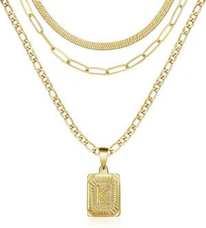 Memgift Gold Layered Necklace Set 3 PCS for Women Girls Dainty Trendy Paperclip Snake Choker Gold Filled Stainless Steel Figaro Chain Layering Necklaces Jewelry Gifts Square Pendant Letter A-Z