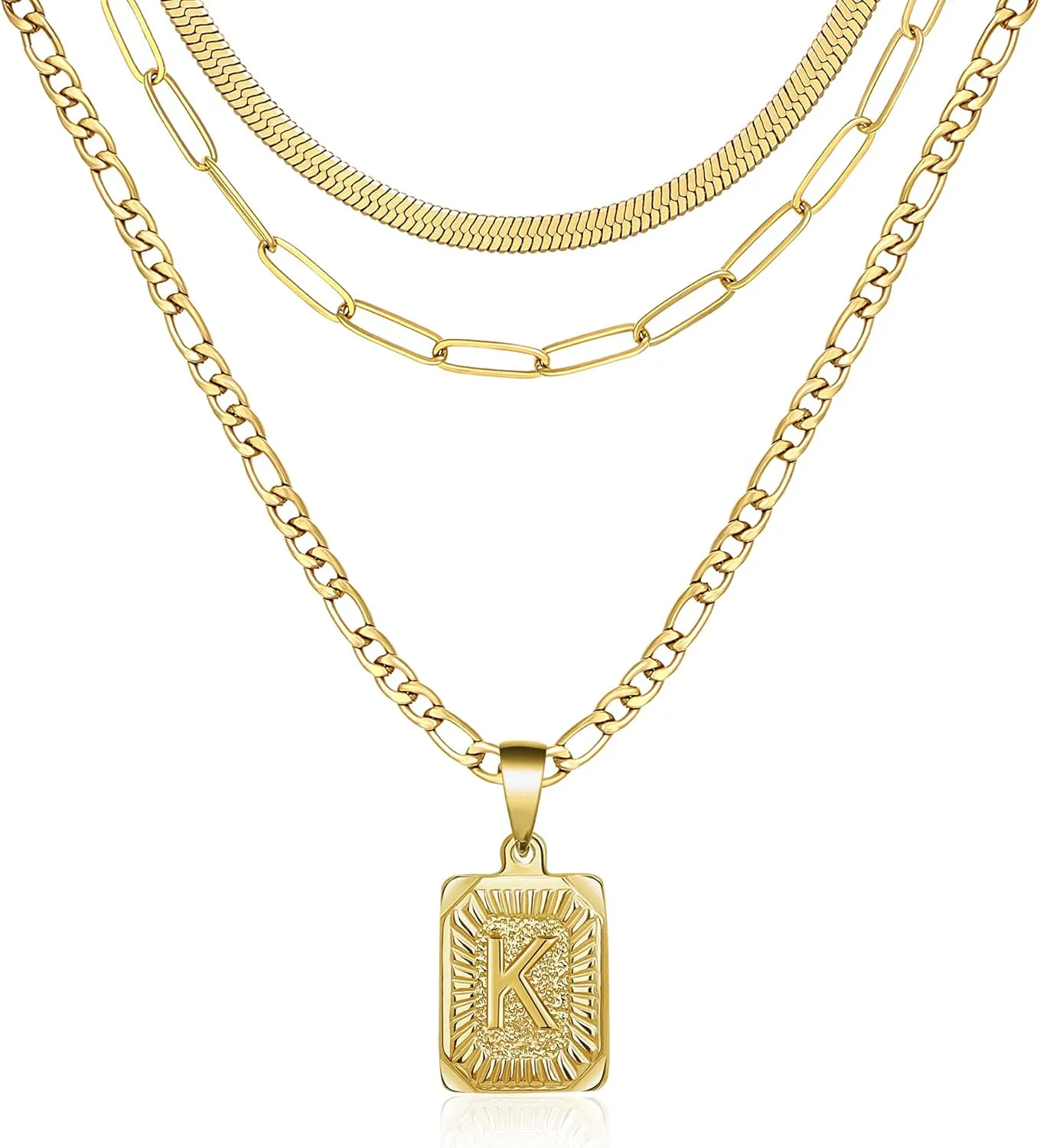 Memgift Gold Layered Necklace Set 3 PCS for Women Girls Dainty Trendy Paperclip Snake Choker Gold Filled Stainless Steel Figaro Chain Layering Necklaces Jewelry Gifts Square Pendant Letter A-Z