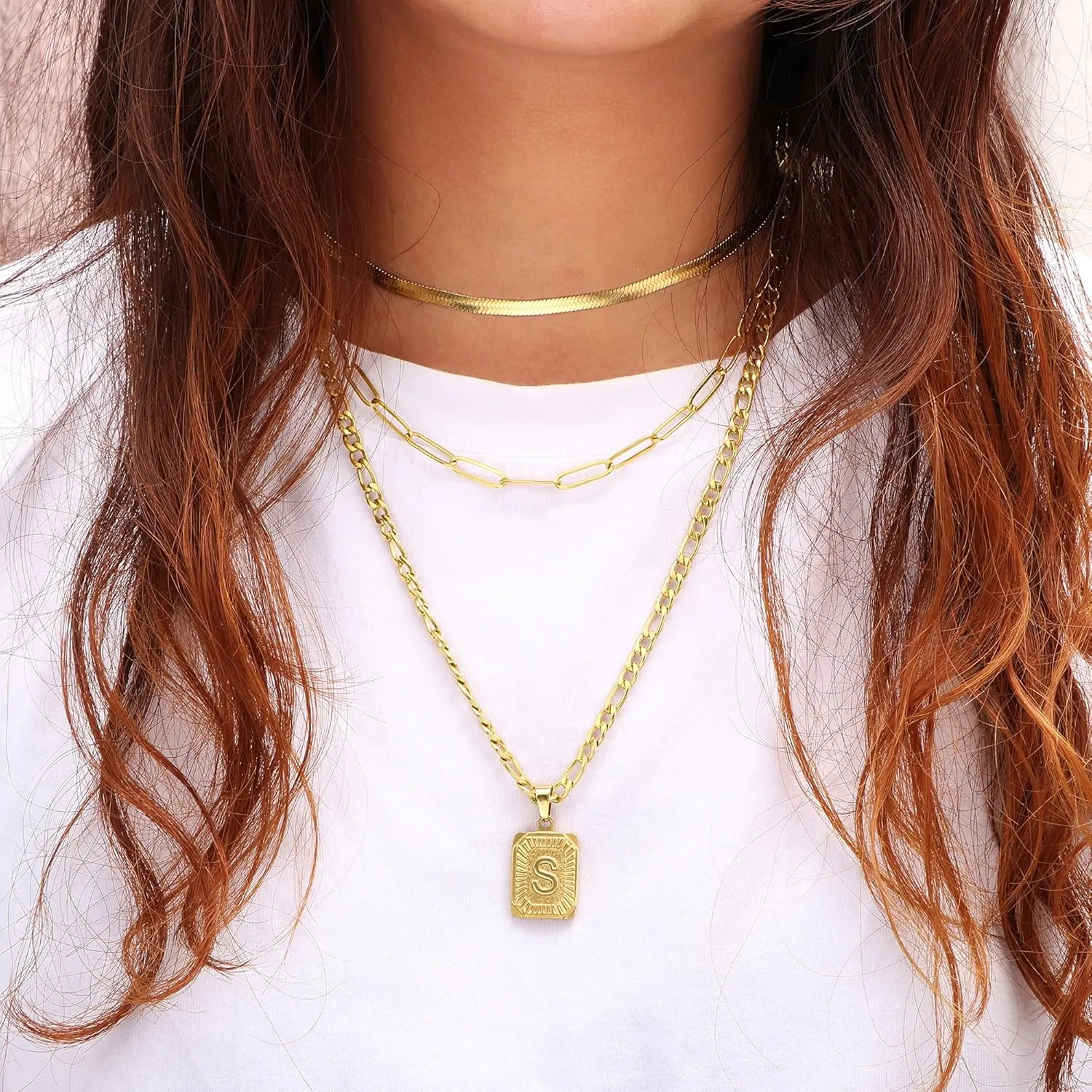 Memgift Gold Layered Necklace Set 3 PCS for Women Girls Dainty Trendy Paperclip Snake Choker Gold Filled Stainless Steel Figaro Chain Layering Necklaces Jewelry Gifts Square Pendant Letter A-Z
