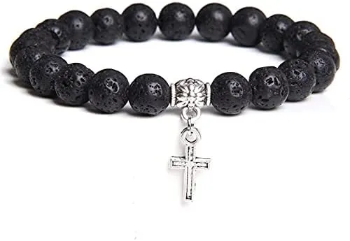 Men Beads Bracelet Slivers Color Cross Pendant Bracelet Natural Stone Bracelets Charm for Women Healing Prayer Jewelry (Metal Color: Lava Stone - Length: 17CM)