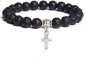 Men Beads Bracelet Slivers Color Cross Pendant Bracelet Natural Stone Bracelets Charm for Women Healing Prayer Jewelry (Metal Color: Lava Stone - Length: 17CM)
