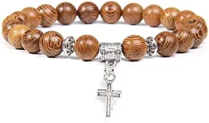 Men Beads Bracelet Slivers Color Cross Pendant Bracelet Natural Stone Bracelets Charm for Women Healing Prayer Jewelry (Metal Color: Malachite - Length: 21CM)