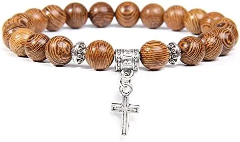 Men Beads Bracelet Slivers Color Cross Pendant Bracelet Natural Stone Bracelets Charm for Women Healing Prayer Jewelry (Metal Color: Malachite - Length: 21CM)