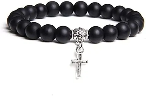 Men Beads Bracelet Slivers Color Cross Pendant Bracelet Natural Stone Bracelets Charm for Women Healing Prayer Jewelry (Metal Color: Matte Black Glass - Length: 23CM)