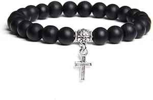 Men Beads Bracelet Slivers Color Cross Pendant Bracelet Natural Stone Bracelets Charm for Women Healing Prayer Jewelry (Metal Color: Matte Black Glass - Length: 23CM)