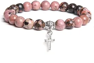 Men Beads Bracelet Slivers Color Cross Pendant Bracelet Natural Stone Bracelets Charm for Women Healing Prayer Jewelry (Metal Color: Rhodonite Stone - Length: 23CM)